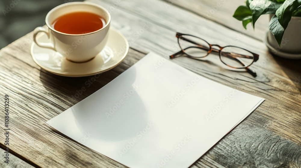 Serene Workspace with Tea and Paper Serene Workspace with Tea and Paper