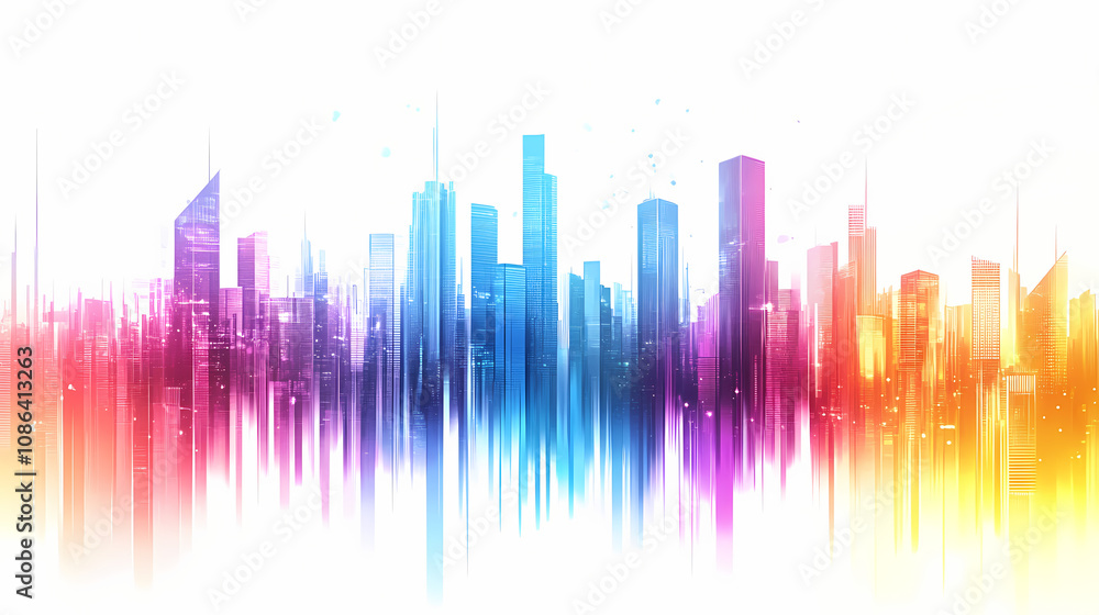 Abstract colorful city skyline with vibrant gradient bars and geometric shapes, creating a modern, futuristic urban landscape on white background. Futuristic Cityscape Vision. Illustration Abstract colorful city skyline with vibrant gradient bars and geometric shapes, creating a modern, futuristic urban landscape on white background. Futuristic Cityscape Vision. Illustration