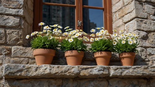 Potted white daisies on a stone ledge outside a window. photo