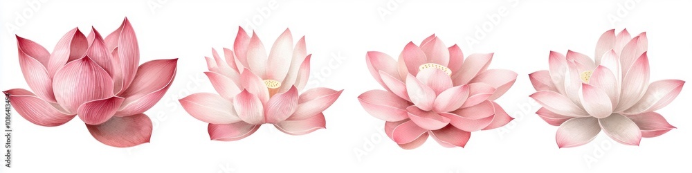A serene composition of four pink lotus flowers in various stages of bloom, symbolizing purity, beauty, and enlightenment. A serene composition of four pink lotus flowers in various stages of bloom, symbolizing purity, beauty, and enlightenment.
