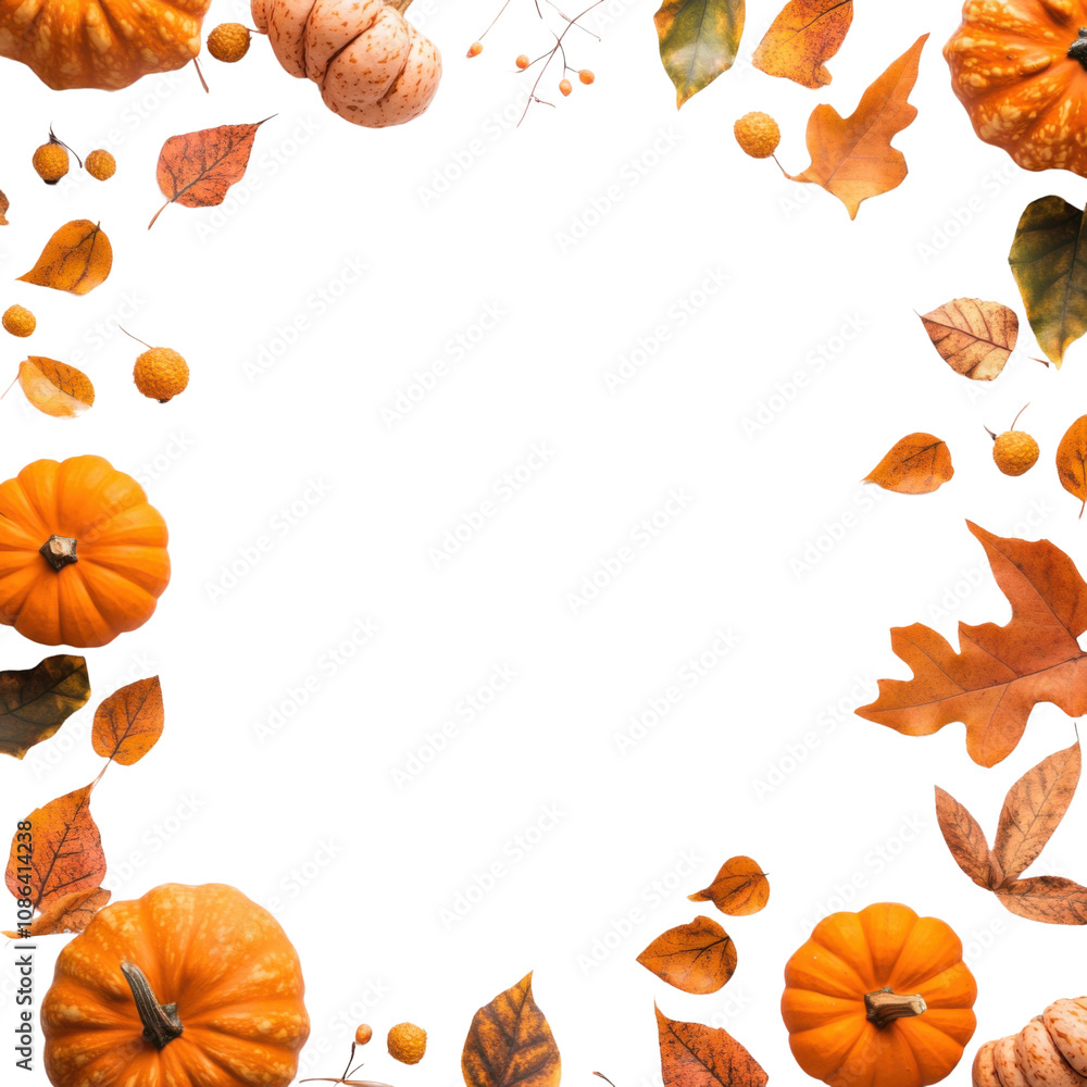 Fototapeta premium Autumn leaves and pumpkins isolated on transparent background. Vector illustration.