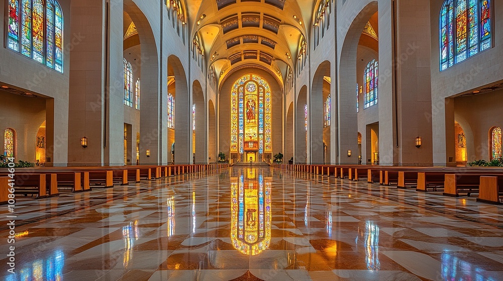 Obraz premium A spacious interior of a church featuring stained glass windows and polished floors.