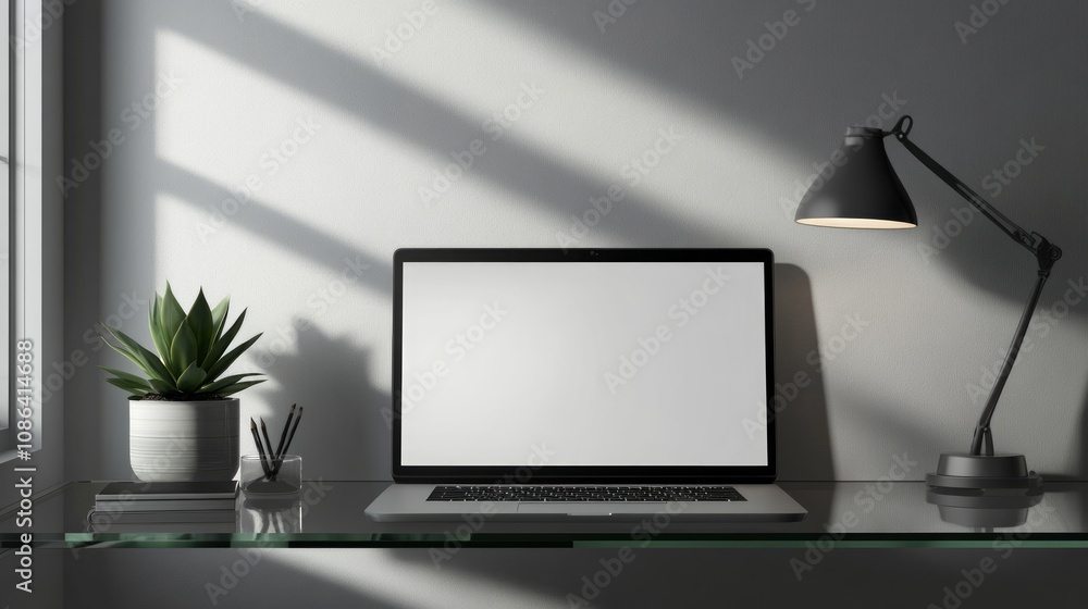 Modern Minimalist Workspace with Laptop and Plant Modern Minimalist Workspace with Laptop and Plant
