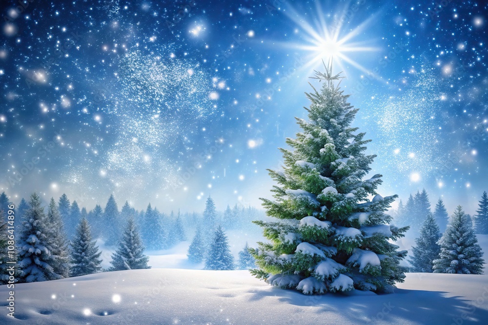 Obraz premium Pine tree in a winter wonderland scene with snowflakes gently falling around it, peaceful, winter