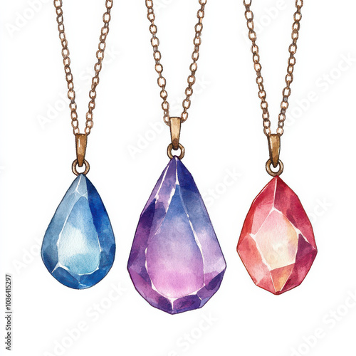 Watercolor illustration of three gemstone pendants in blue, purple, and red. Each pendant features unique teardrop shape, showcasing intricate details and vibrant colors photo