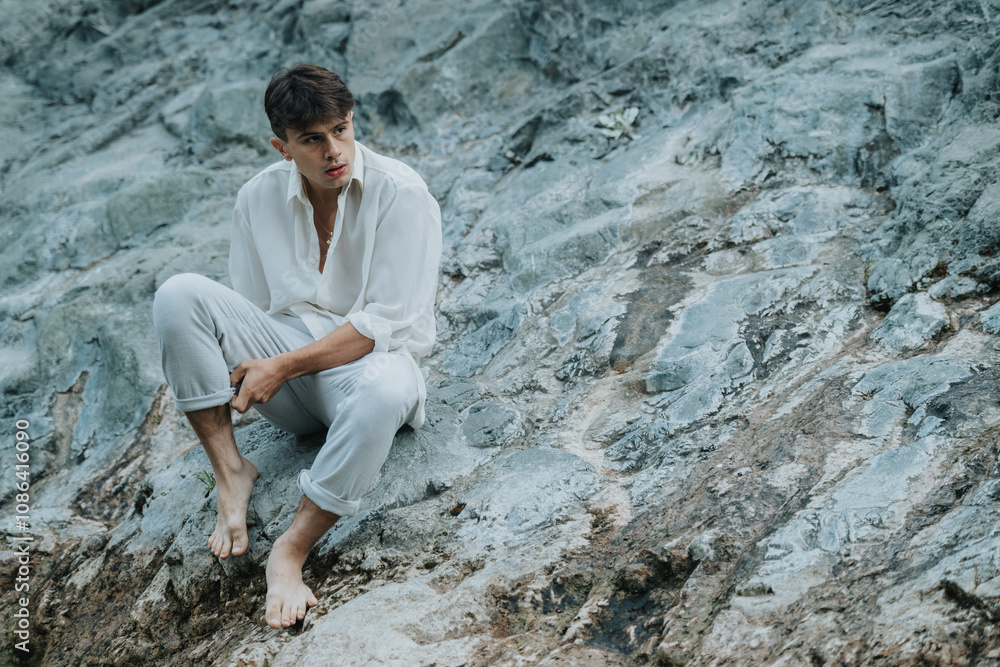 Man in casual white clothing sitting on rocks, reflecting. The rugged surroundings and natural setting emphasize tranquility and introspection. Man in casual white clothing sitting on rocks, reflecting. The rugged surroundings and natural setting emphasize tranquility and introspection.