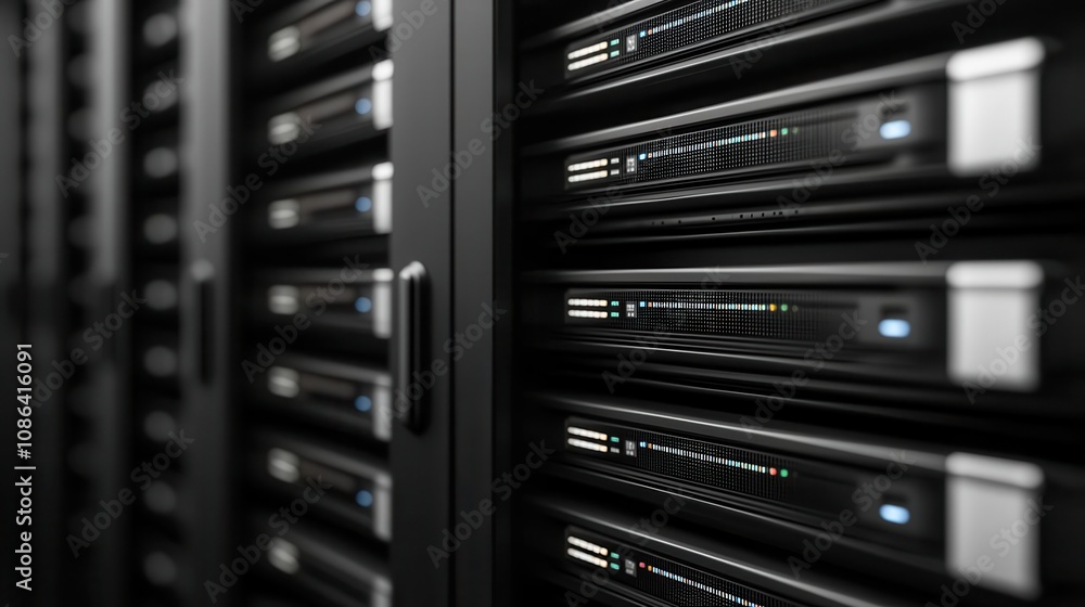 A close-up view of a server rack filled with multiple storage devices, showcasing intricate technology with glowing indicators. A close-up view of a server rack filled with multiple storage devices, showcasing intricate technology with glowing indicators.