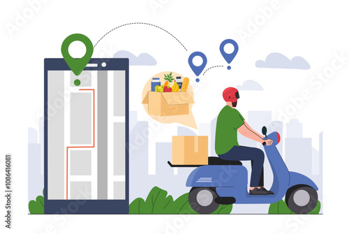 Courier with food. Man with helmet on scooter with bag of groceries. Driver at moped and scooter. Online shopping and home delivery. Flat vector illustration isolated on white background