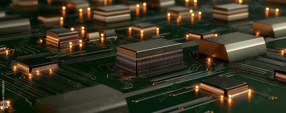 A close-up view of a circuit board showcasing intricate components and glowing connections, highlighting modern technology and electronics. A close-up view of a circuit board showcasing intricate components and glowing connections, highlighting modern technology and electronics.