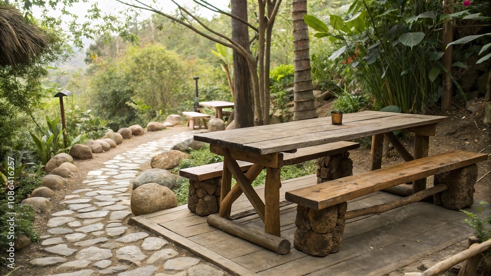 Rustic wooden table with natural elements, lanterns, wooden furniture, vintage, nature-inspired, distressed Rustic wooden table with natural elements, lanterns, wooden furniture, vintage, nature-inspired, distressed
