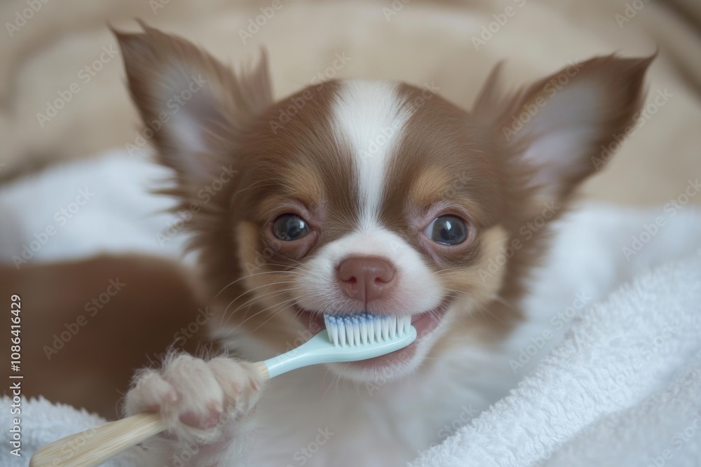 A small brown and white dog happily brushes its teeth with a toothbrush in its mouth on a cozy bed at home A small brown and white dog happily brushes its teeth with a toothbrush in its mouth on a cozy bed at home
