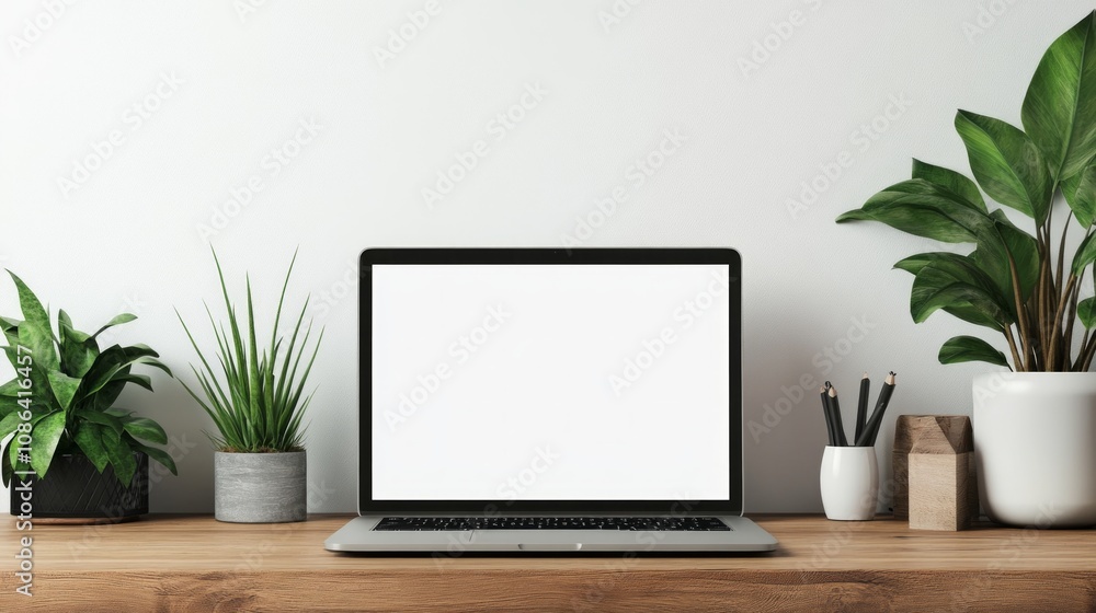 Modern Minimalist Workspace with Laptop and Plants Modern Minimalist Workspace with Laptop and Plants