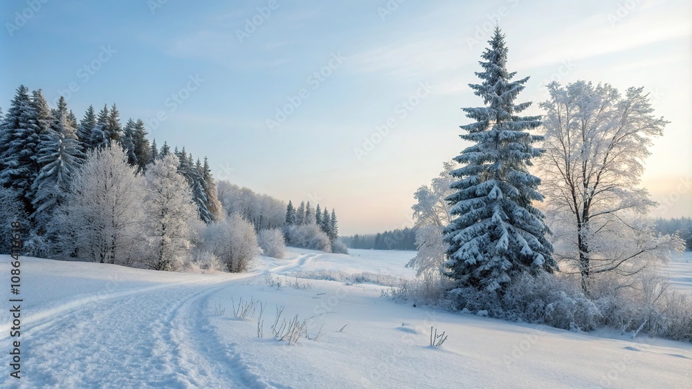 Serene winter landscape with snow-covered trees against a clear blue sky, icy landscape, frozen trees, serene atmosphere, frosty air, snow covered land Serene winter landscape with snow-covered trees against a clear blue sky, icy landscape, frozen trees, serene atmosphere, frosty air, snow covered land