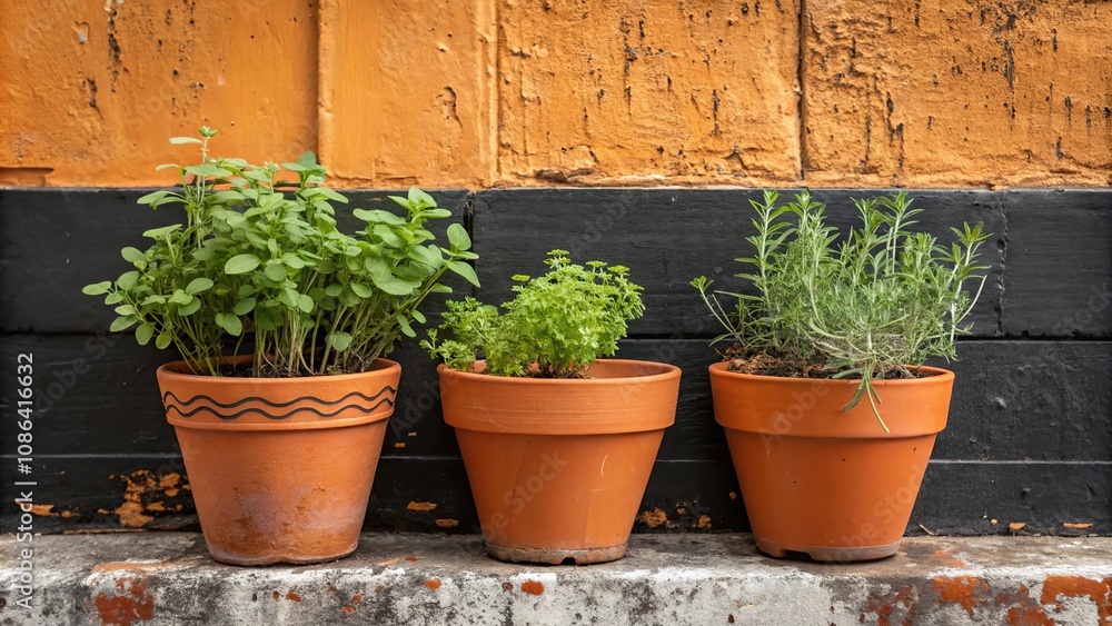 Set of three terracotta pots filled with different types of herbs placed on a rustic orange and black wall, rustic, cooking, botanical, earthy Set of three terracotta pots filled with different types of herbs placed on a rustic orange and black wall, rustic, cooking, botanical, earthy