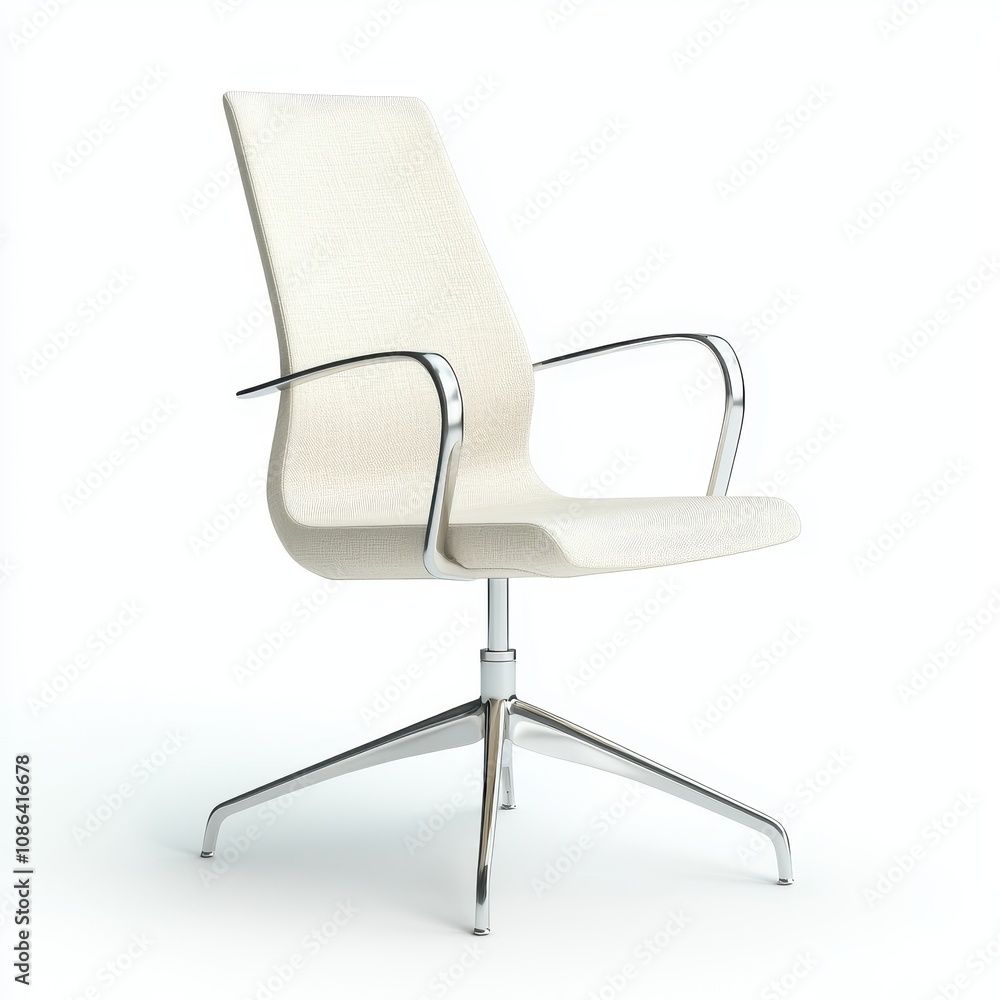 A modern, sleek white chair with a minimalist design, featuring a chrome base and soft upholstery, perfect for contemporary interiors. A modern, sleek white chair with a minimalist design, featuring a chrome base and soft upholstery, perfect for contemporary interiors.