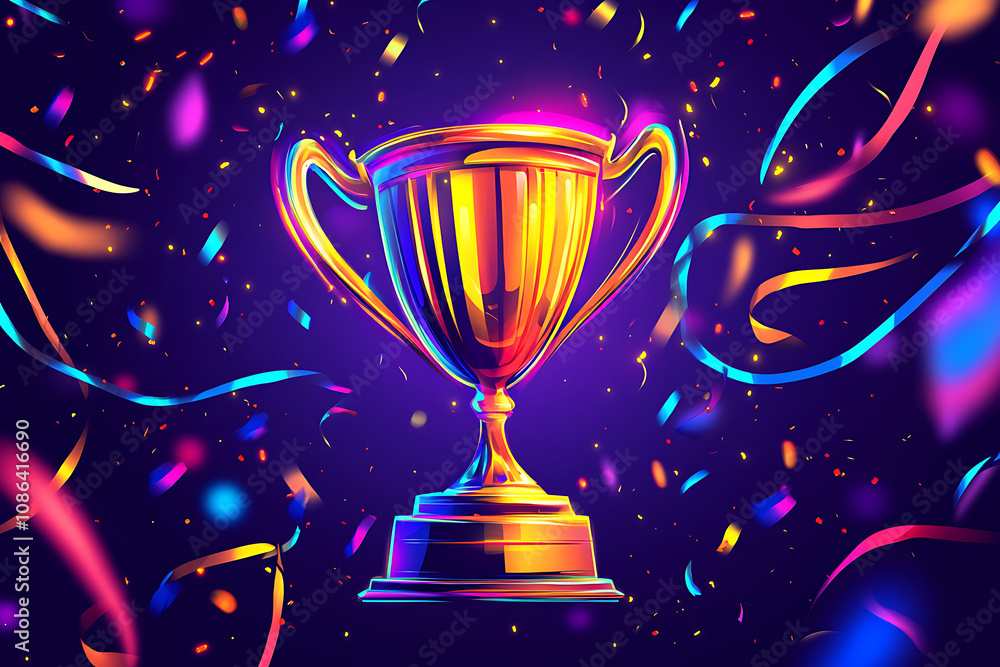 A vibrant trophy surrounded by colorful confetti and ribbons, symbolizing achievement and celebration. A vibrant trophy surrounded by colorful confetti and ribbons, symbolizing achievement and celebration.