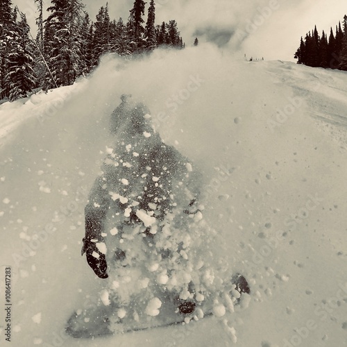 snowboarder flaking up snow