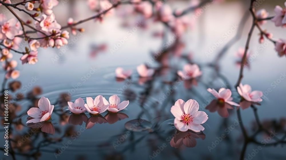 Soft pink cherry blossoms gently floating on the surface of a serene pond at dawn, nature, blooming flowers, pastel colors Soft pink cherry blossoms gently floating on the surface of a serene pond at dawn, nature, blooming flowers, pastel colors