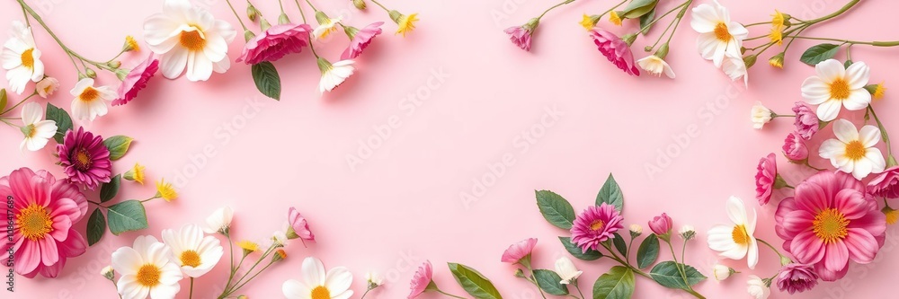 spring floral frame on pink background delicate spring flowers arrangement, springtime scene, blooming flowers spring floral frame on pink background delicate spring flowers arrangement, springtime scene, blooming flowers