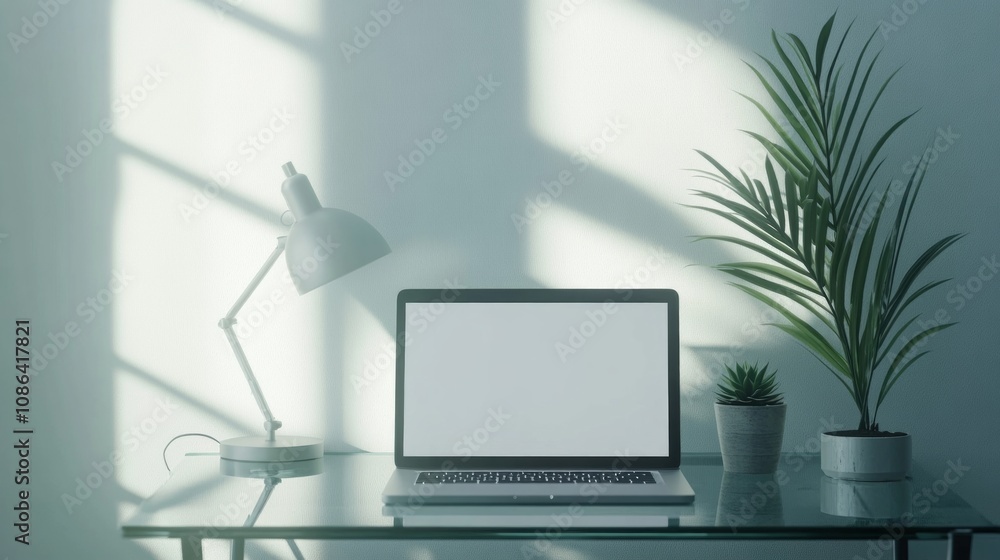 Modern Workspace with Laptop and Plants Modern Workspace with Laptop and Plants
