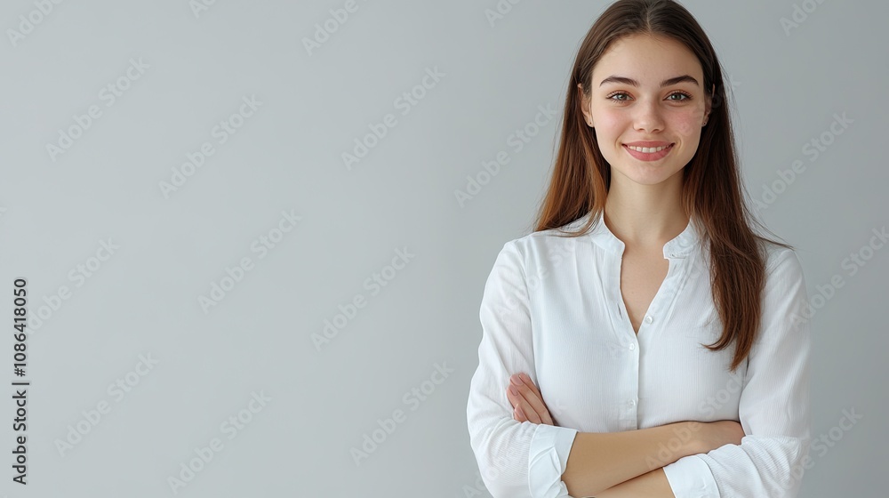 Young Businesswoman Smiling at the Camera in a Bright, Minimalist Portrait Setting Showcasing Professionalism and Confidence with a Soft Color Palette Young Businesswoman Smiling at the Camera in a Bright, Minimalist Portrait Setting Showcasing Professionalism and Confidence with a Soft Color Palette