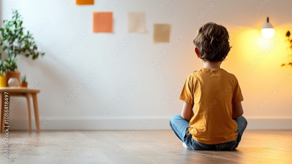 A young child sits cross-legged on the floor, facing a wall adorned with colorful squares, immersed in contemplation in a cozy room. A young child sits cross-legged on the floor, facing a wall adorned with colorful squares, immersed in contemplation in a cozy room.