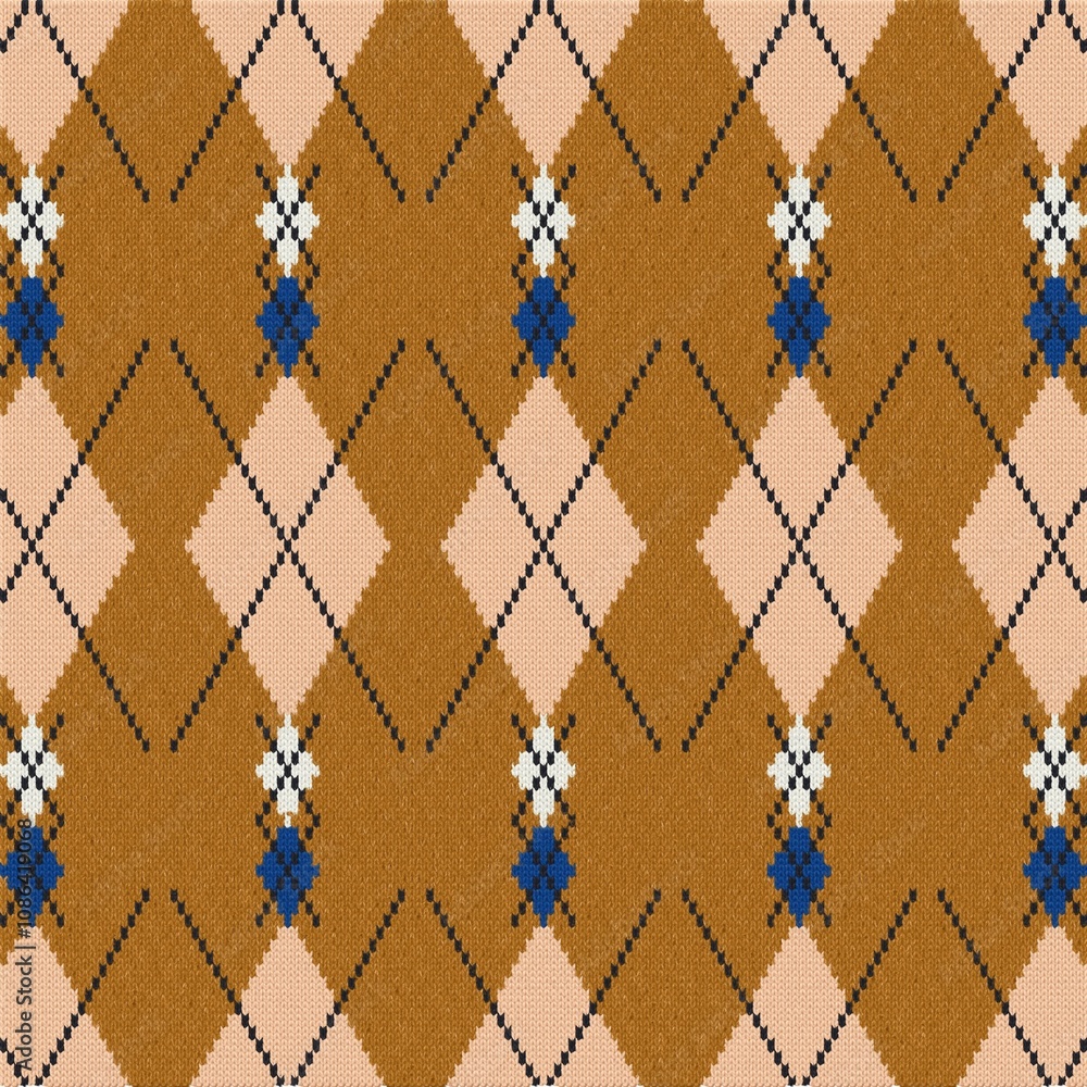Fototapeta premium Pattern featuring brown and beige diamonds with blue accents and white details on a light background featuring geometric, design, texture