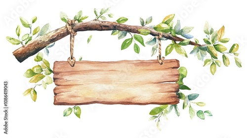 Watercolor Wooden Sign Hanging From Branch
