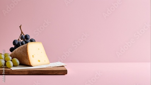 A wedge of cheese and a bunch of grapes rest on a wooden cutting board, set against a pink background.