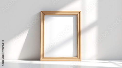 A simple, elegant wooden picture frame sits on a white desk against a plain white wall, illuminated by bright natural daylight.