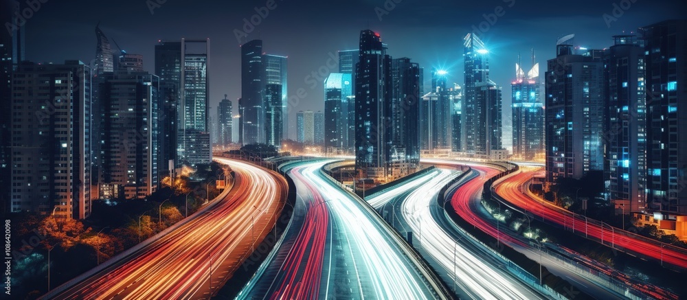 Fototapeta premium A vibrant cityscape at night with illuminated skyscrapers and flowing traffic.