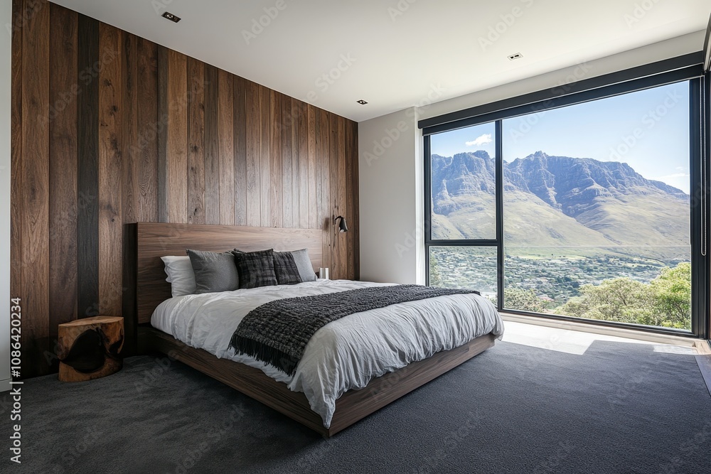 Modern bedroom with large windows overlooking mountain view. Modern bedroom with large windows overlooking mountain view.