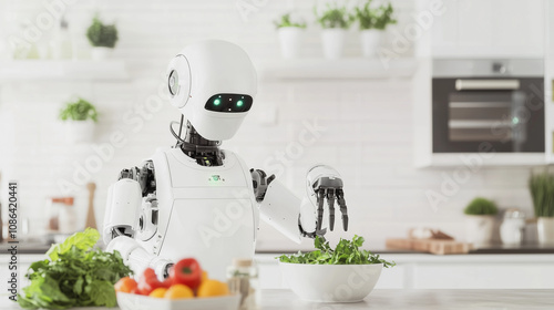 The Future of Food: A sleek, white robot chef prepares a fresh salad in a modern kitchen, showcasing the potential of technology to revolutionize our lives.