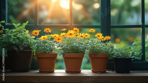 Wallpaper Mural Bright and Cheerful Flower Pots with Yellow Blossoms in Sunlit Window, Creating a Warm and Inviting Atmosphere for Indoor Gardening Enthusiasts Torontodigital.ca