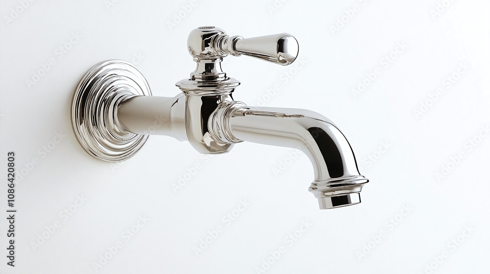 An elegant wall-mounted water tap in polished nickel, isolated on a white background to showcase its refined aesthetics An elegant wall-mounted water tap in polished nickel, isolated on a white background to showcase its refined aesthetics