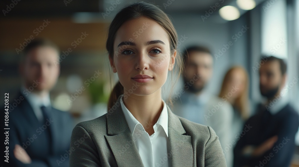 Confident Young Businesswoman Standing Firmly in Front of Her Professional Team, Emphasizing Leadership and Team Collaboration in a Modern Office Environment Confident Young Businesswoman Standing Firmly in Front of Her Professional Team, Emphasizing Leadership and Team Collaboration in a Modern Office Environment