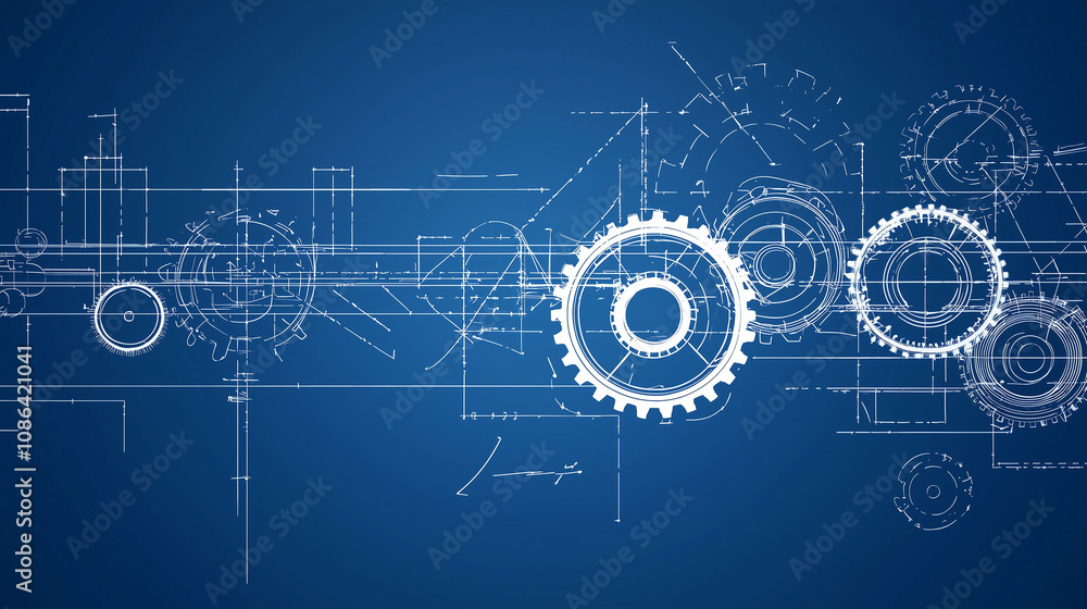 Fototapeta premium Blueprints of Innovation: Abstract design with gears and technical drawings on a deep blue background. A mesmerizing visual representation of progress, technology, and intricate mechanics.
