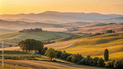 A tranquil scene unfolds as golden hues of sunset dance across the rolling hills and vast meadows, hill, serene, peaceful, calming