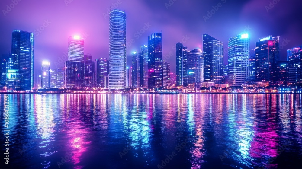A stunning city skyline at night showcasing vibrant neon lights reflecting on wet streets with a modern and futuristic vibe A stunning city skyline at night showcasing vibrant neon lights reflecting on wet streets with a modern and futuristic vibe