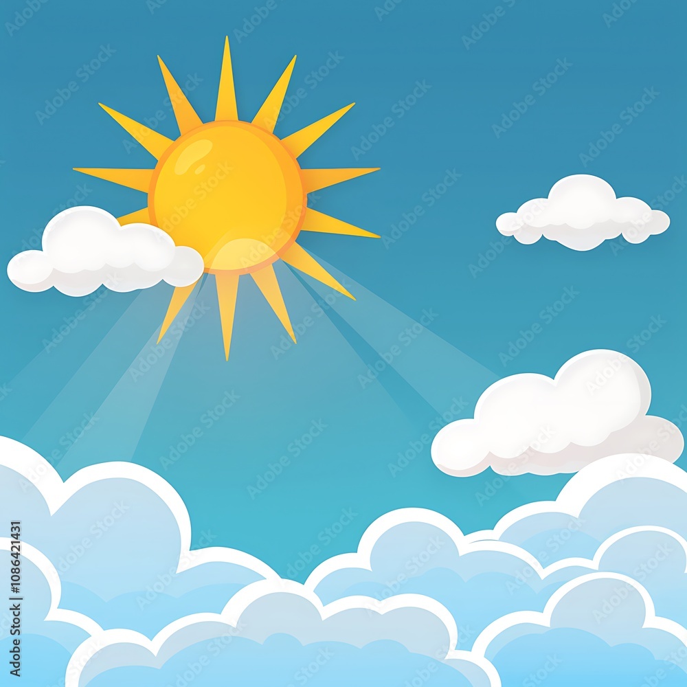 A flat design of a sun and clouds with a bright blue sky, using solid colors and smooth edges to convey a cheerful atmosphere. 8k UHD, suitable for high-quality printing or digital display. A flat design of a sun and clouds with a bright blue sky, using solid colors and smooth edges to convey a cheerful atmosphere. 8k UHD, suitable for high-quality printing or digital display.