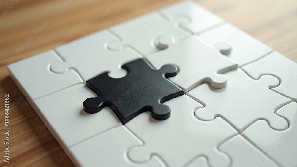 Minimalistic arrangement of black and white puzzle pieces on a clean white surface. Represents unity, contrast, and problem-solving concepts. Perfect for themes like teamwork, creativity, and strategi Minimalistic arrangement of black and white puzzle pieces on a clean white surface. Represents unity, contrast, and problem-solving concepts. Perfect for themes like teamwork, creativity, and strategi