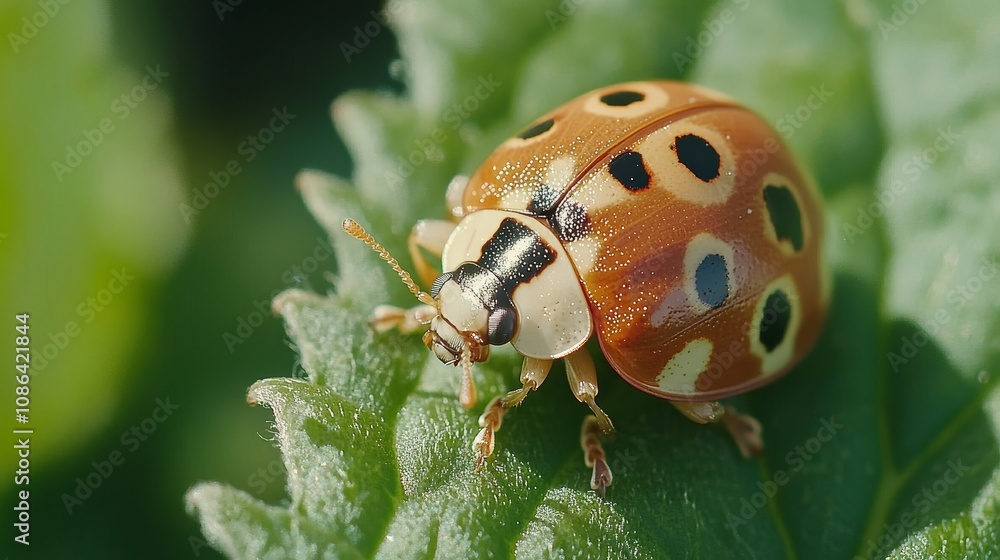 A close-up of a ladybug resting on a green leaf, showcasing its distinctive colors and patterns. A close-up of a ladybug resting on a green leaf, showcasing its distinctive colors and patterns.