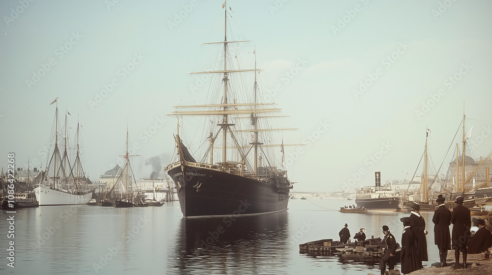 Fototapeta premium Majestic Sailing Ship in Harbor: A captivating vintage-style photograph of a grand sailing ship majestically entering a bustling harbor, surrounded by smaller vessels and onlookers on the shore.