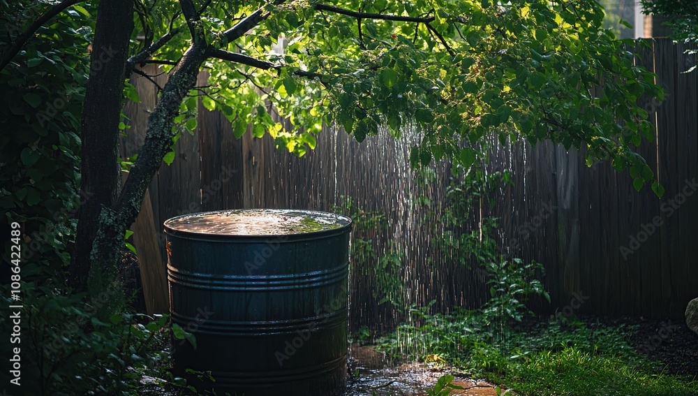 Rain Barrel under a Tree during a Summer Shower Rain Barrel under a Tree during a Summer Shower