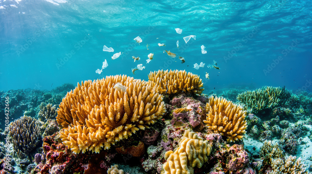 Plastic Pollution Microplastics Wildlife Concept. Vibrant coral reef with diverse marine life in crystal-clear waters. Plastic Pollution Microplastics Wildlife Concept. Vibrant coral reef with diverse marine life in crystal-clear waters.