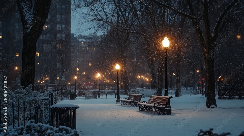 City park with snow-dusted benches and old-fashioned street lights glowing through gentle snowfall City park with snow-dusted benches and old-fashioned street lights glowing through gentle snowfall