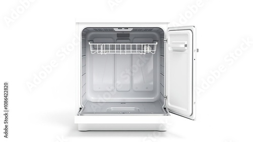 Clean white door with a stainless steel handle and a sleek, modern design, standing open to reveal the interior of an open door dishwasher on a white background, clean, kitchen, white door