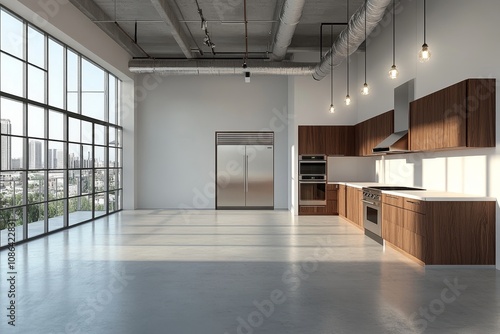 Modern loft apartment with large windows, hardwood floors, and stainless steel appliances.