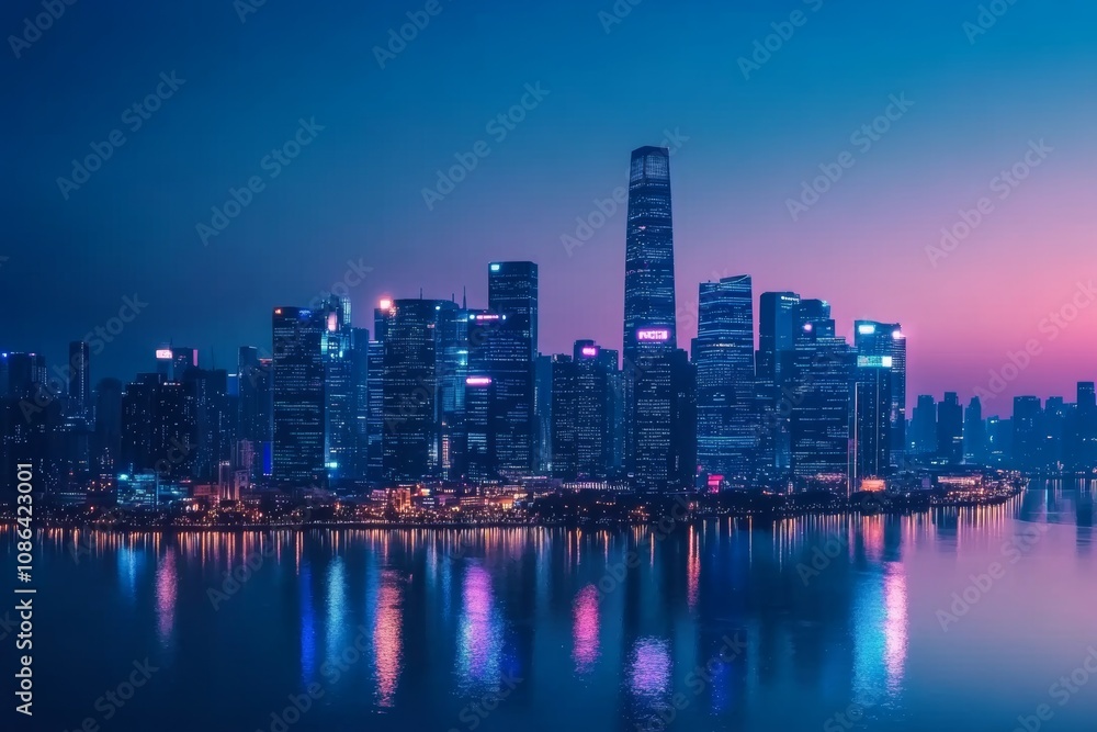 Fototapeta premium A vibrant smart city skyline at dusk showcasing glowing connections representing big data and technology integration in an urban landscape