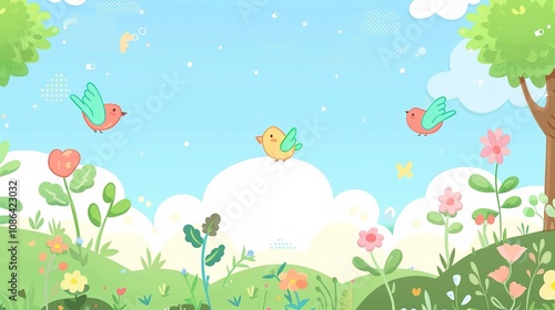 Spring Green Nature Cute Background - A Delightful Display of the Season's Charm. The Lush Greenery of Spring, with Tender Shoots and Blossoming Flowers